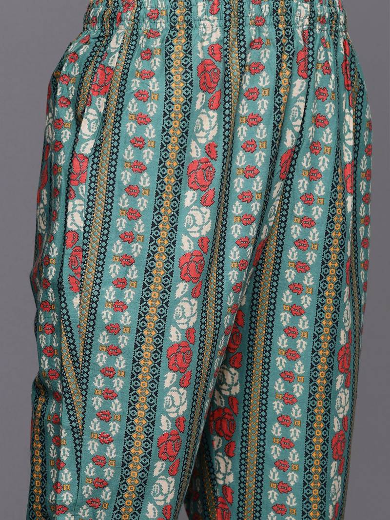 Women Floral Printed Regular Beaded Pure Cotton Kurta with Trousers