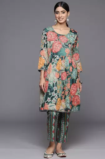 Women Floral Printed Regular Beaded Pure Cotton Kurta with Trousers