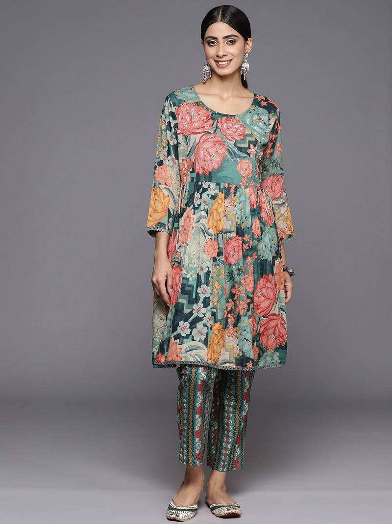 Women Floral Printed Regular Beaded Pure Cotton Kurta with Trousers