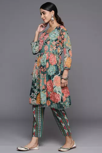 Women Floral Printed Regular Beaded Pure Cotton Kurta with Trousers
