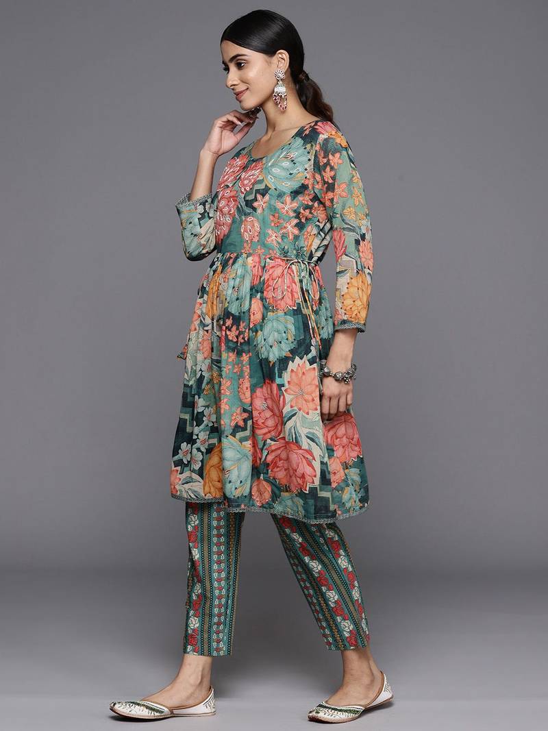 Women Floral Printed Regular Beaded Pure Cotton Kurta with Trousers