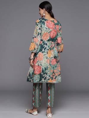 Women Floral Printed Regular Beaded Pure Cotton Kurta with Trousers 6