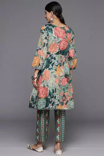 Women Floral Printed Regular Beaded Pure Cotton Kurta with Trousers