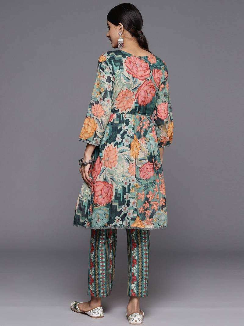 Women Floral Printed Regular Beaded Pure Cotton Kurta with Trousers