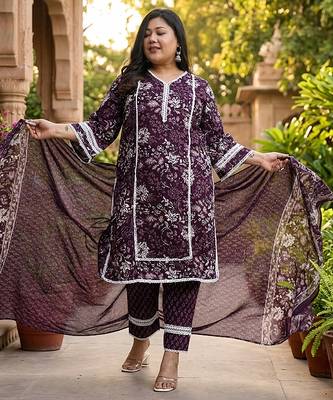 purple cotton straight kurta dupatta set (plus size) 1