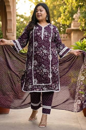 purple cotton straight kurta dupatta set (plus size)