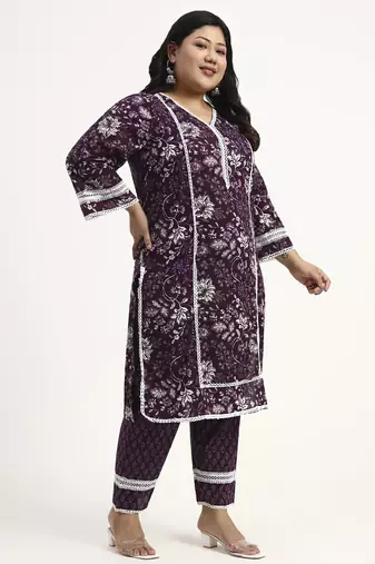 purple cotton straight kurta dupatta set (plus size)