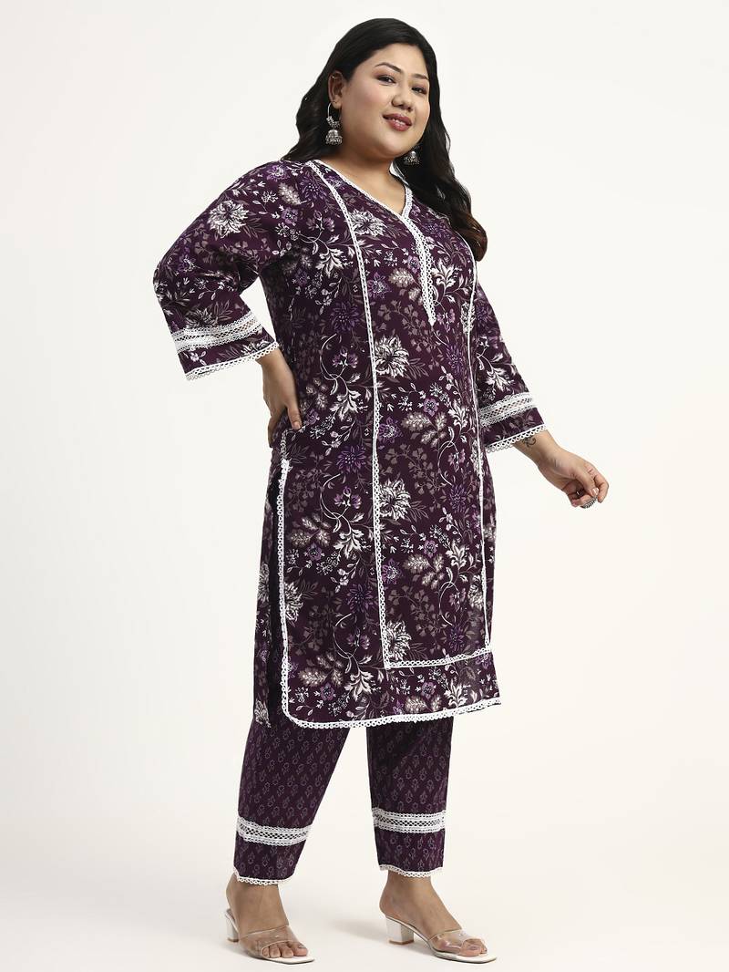 purple cotton straight kurta dupatta set (plus size)