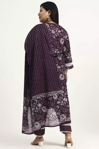 purple cotton straight kurta dupatta set (plus size)