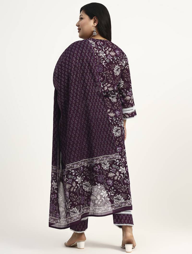 purple cotton straight kurta dupatta set (plus size)