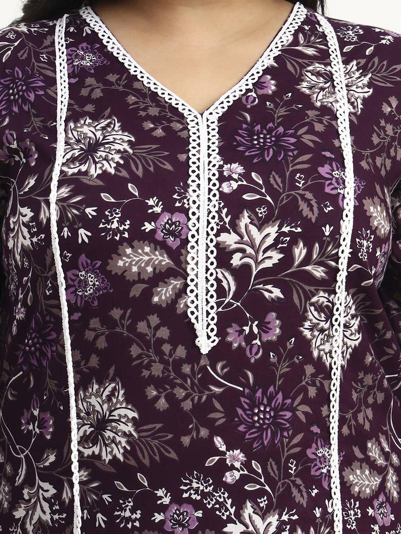 purple cotton straight kurta dupatta set (plus size)