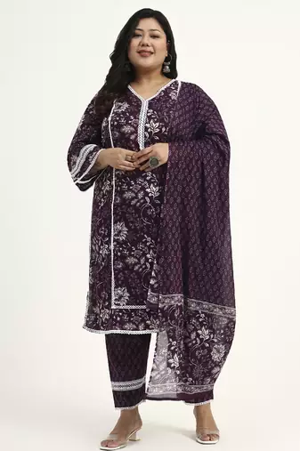 purple cotton straight kurta dupatta set (plus size)