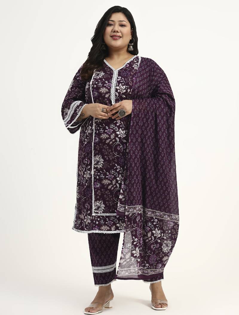 purple cotton straight kurta dupatta set (plus size)