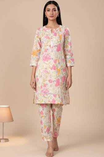 Off White Floral Printed Panelled Pure Cotton Straight Kurta With Trouser