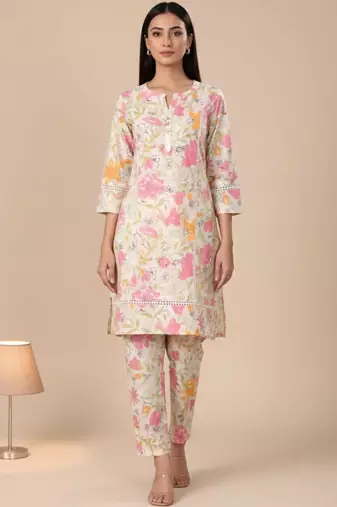 Off White Floral Printed Panelled Pure Cotton Straight Kurta With Trouser
