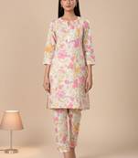 Off White Floral Printed Panelled Pure Cotton Straight Kurta With Trouser