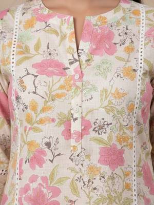 Off White Floral Printed Panelled Pure Cotton Straight Kurta With Trouser 3