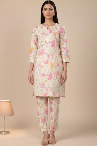 Off White Floral Printed Panelled Pure Cotton Straight Kurta With Trouser