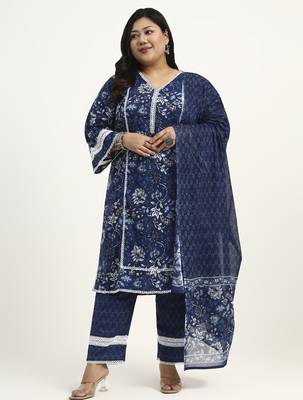 blue cotton straight kurta dupatta set (plus size) 1