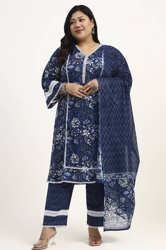 blue cotton straight kurta dupatta set (plus size)