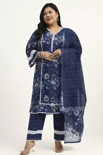 blue cotton straight kurta dupatta set (plus size)