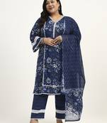 blue cotton straight kurta dupatta set (plus size)