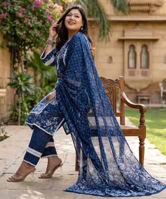blue cotton straight kurta dupatta set (plus size) 2