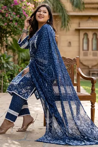 blue cotton straight kurta dupatta set (plus size)