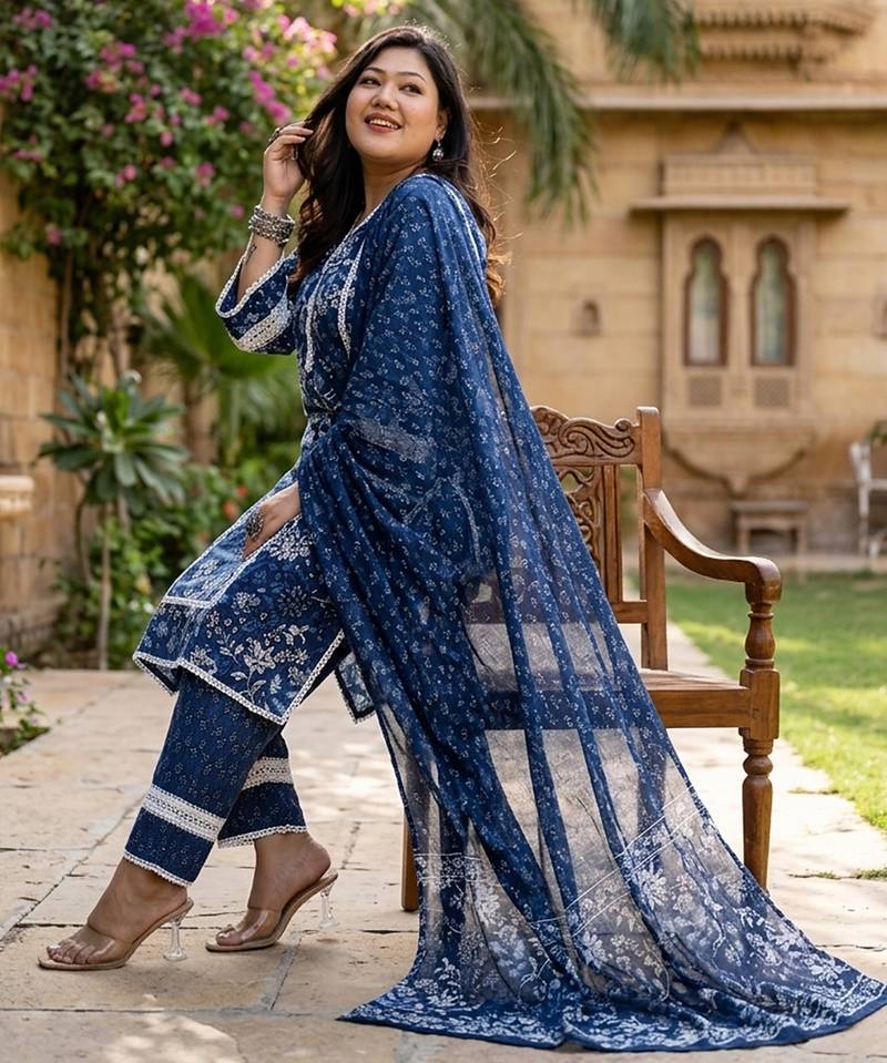 blue cotton straight kurta dupatta set (plus size)