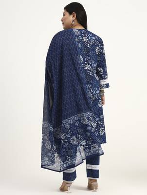 blue cotton straight kurta dupatta set (plus size) 3