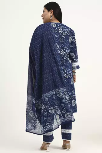 blue cotton straight kurta dupatta set (plus size)