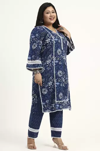 blue cotton straight kurta dupatta set (plus size)