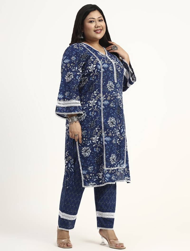 blue cotton straight kurta dupatta set (plus size)