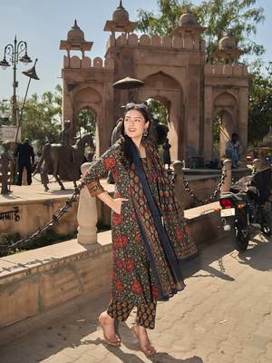 Yufta navy blue anarkli one pocket kurta trouser dupatta set 2