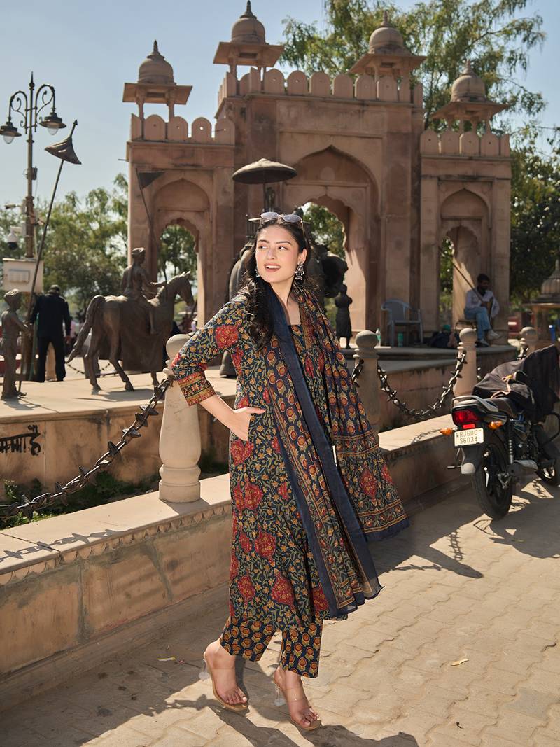 Yufta navy blue anarkli one pocket kurta trouser dupatta set