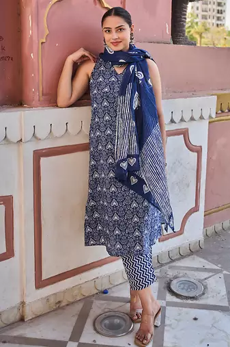 navy blue ethnic motifs a-line one pocket kurta trouser dupatta set