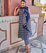 navy blue ethnic motifs a-line one pocket kurta trouser dupatta set