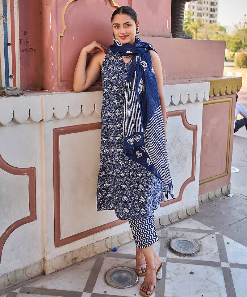 navy blue ethnic motifs a-line one pocket kurta trouser dupatta set