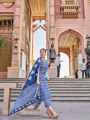 navy blue ethnic motifs a-line one pocket kurta trouser dupatta set 2