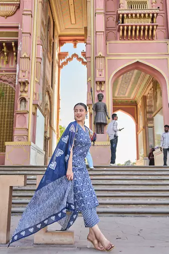 navy blue ethnic motifs a-line one pocket kurta trouser dupatta set