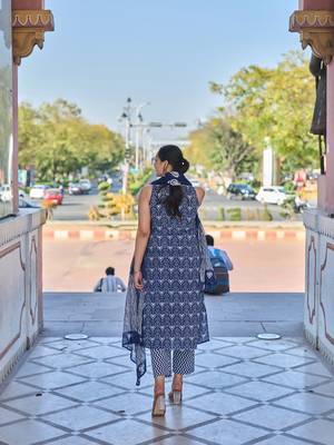 navy blue ethnic motifs a-line one pocket kurta trouser dupatta set 3