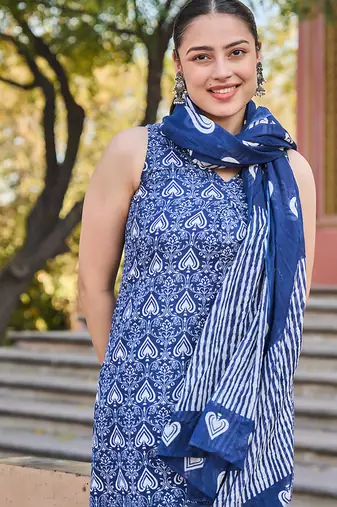 navy blue ethnic motifs a-line one pocket kurta trouser dupatta set
