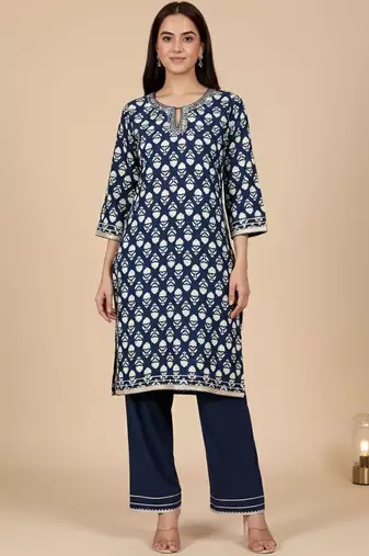 Women Ethnic Motifs Printed Sequined Details Kurta with Trousers