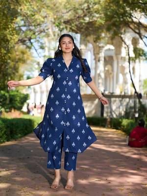 navy blue a-line one pocket kurta trouser set 1