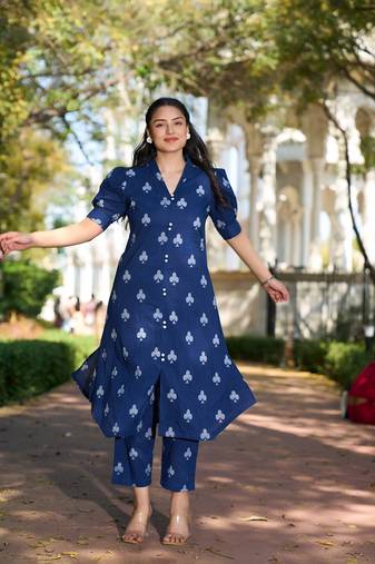 navy blue a-line one pocket kurta trouser set