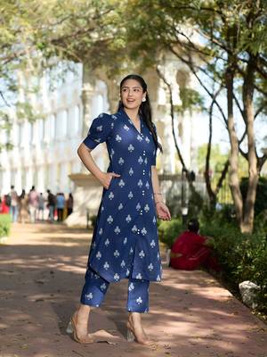 navy blue a-line one pocket kurta trouser set 2