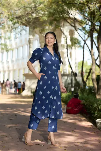 navy blue a-line one pocket kurta trouser set