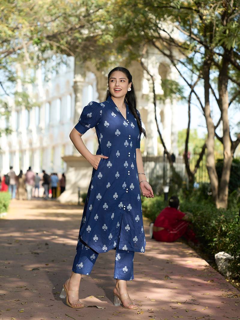 navy blue a-line one pocket kurta trouser set