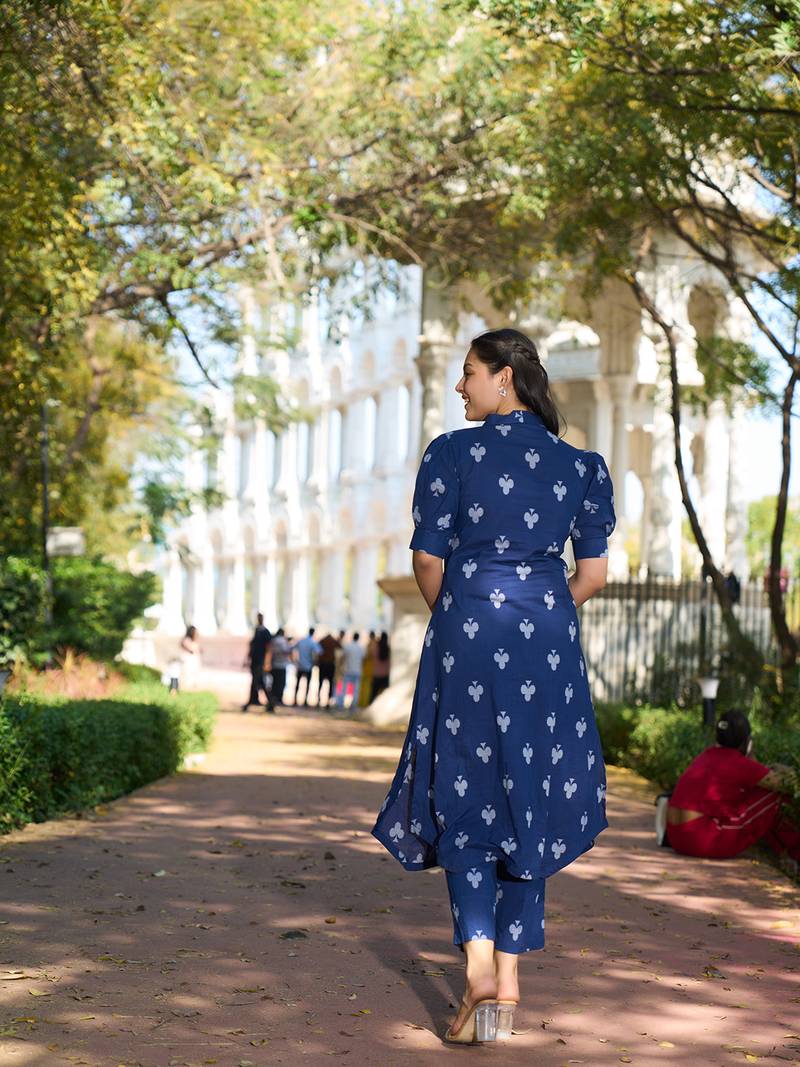 navy blue a-line one pocket kurta trouser set