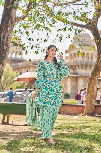 Yufta sea green floral sequins work a-line kurta salwar dupatta set